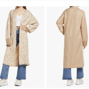 Topshop Brushed Animal Print Maxi Cardigan Sweater Stone